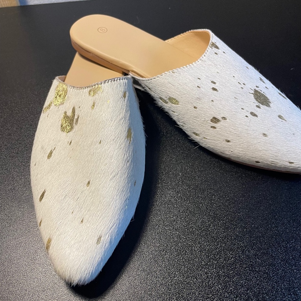Cow print  gold and Ivory Mule